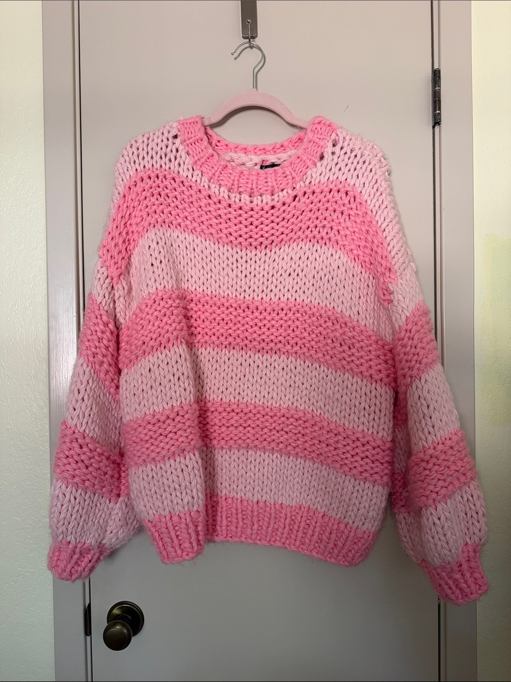 Missguided + Oversized Pink Striped Chunky Knit Sweater